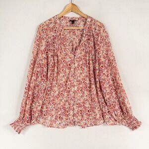 Torrid Crinkle Chiffon Smocked Blouson Sleeve Blouse 1X Red Floral Gold Metallic